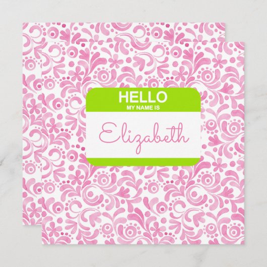 こんにちは私の名前はNametagピンクホワイトグリーン彼女 (正面/裏面)