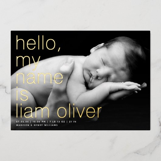 こんにちは私の名前__写真フォイル誕生のお知らせ 箔招待状 (正面)