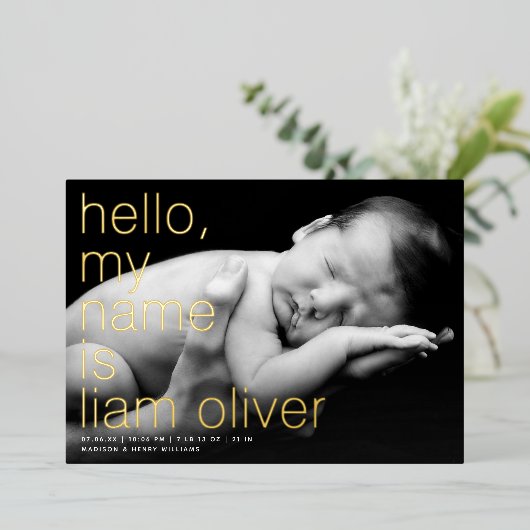 こんにちは私の名前__写真フォイル誕生のお知らせ 箔招待状 (立ち正面)