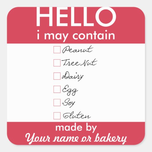 こんにちは私はアレルゲンのパーソナライズされたベーカリー スクエアシール (正面)