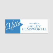 こんにちは紹介ブルー名前をカスタムするラベル 名札 (正面)