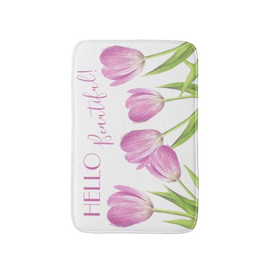 こんにちは美かわいらししいピンクのチューリップエレガントフローラ バスマット (正面縦)