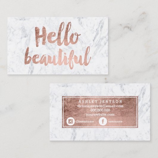 こんにちは美しいばら色の金ゴールドのタイポグラフィの白の大理石 名刺 (正面/裏面)