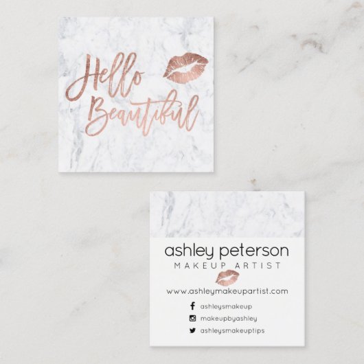 こんにちは美しいタイポグラフィのばら色の金ゴールドのキスの大理石 スクエア名刺 (正面/裏面)