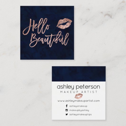 こんにちは美しいタイポグラフィのばら色の金ゴールドのキスの青 スクエア名刺 (正面/裏面)