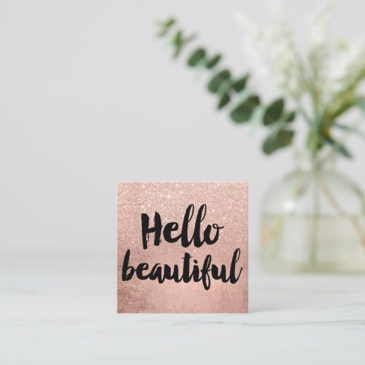 こんにちは美しいタイポグラフィのばら色の金ゴールドのグリッター2 スクエア名刺 (スタンド正面)