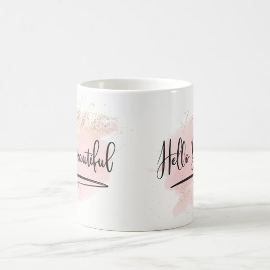 こんにちは美しいピンクの水彩画のマグ コーヒーマグカップ (中央)