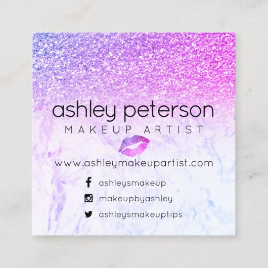 こんにちは美しいピンクの紫色のグリッターのグラデーションな大理石 スクエア名刺 (裏面)