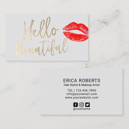 こんにちは美しいメーキャップアーティストの赤いキスの金ゴールドの原稿 名刺 (正面/裏面)