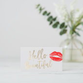 こんにちは美しいメーキャップアーティストの赤いキスの金ゴールドの原稿 名刺 (スタンド正面)