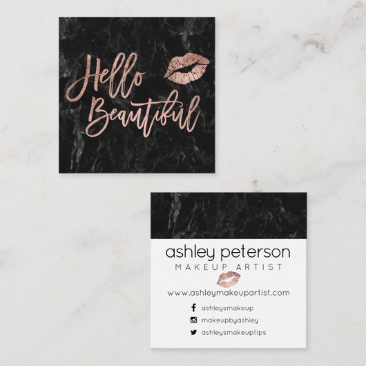 こんにちは美しい原稿のばら色の金ゴールドのキスの黒の大理石 スクエア名刺 (正面/裏面)