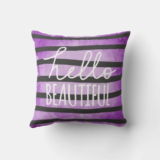 こんにちは美しい原稿の紫色の水彩画は縞で飾ります クッション (裏面)