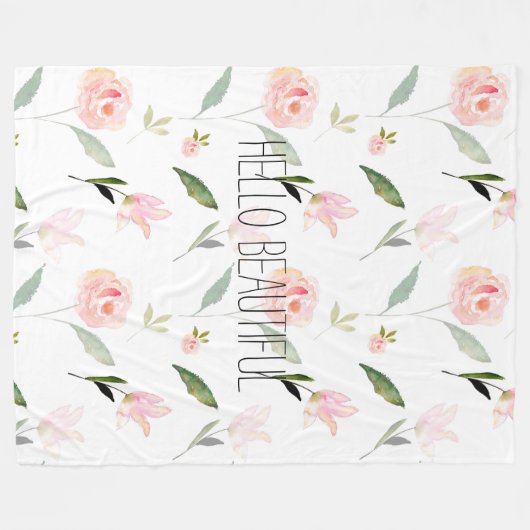 こんにちは美しい水彩画の花のピンクの庭の上品 フリースブランケット (正面(横))