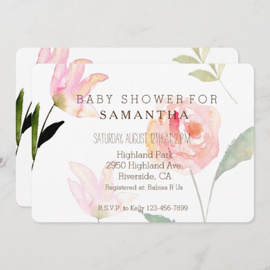 こんにちは美しい水彩画の花のベビーシャワー 招待状 (正面/裏面)