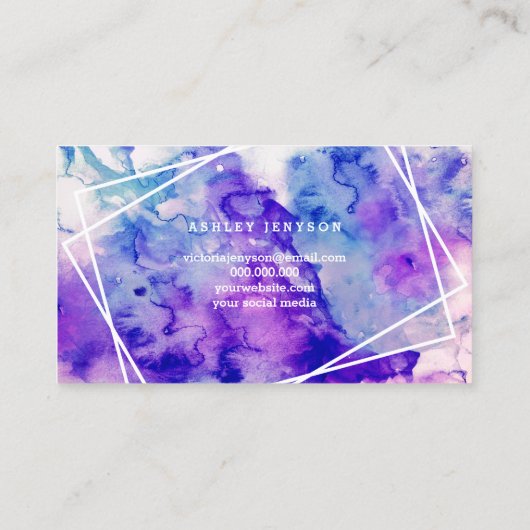 こんにちは美しい紫色の水彩画の幾何学的なストライブ柄 名刺 (裏面)