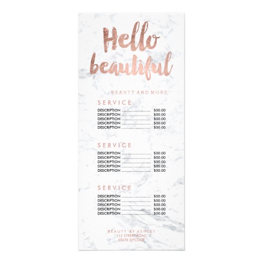 こんにちは美しい金ゴールドのタイポグラフィの大理石の値段表 ラックカード (正面)