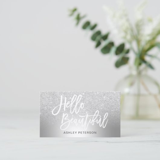 こんにちは美しい銀製のグリッターのグラデーションな金属 名刺 (スタンド正面)