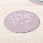 こんにちは装飾的なスクリプト赤ちゃんシャワーほこりっぽい青 ラウンドペーパーコースター (アングル)