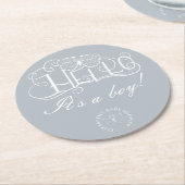 こんにちは装飾的なスクリプト赤ちゃんシャワーほこりっぽい青 ラウンドペーパーコースター (アングル)