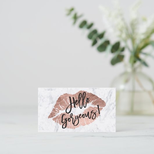 こんにちは豪華な唇のばら色の金ゴールドのタイポグラフィの大理石 名刺 (スタンド正面)