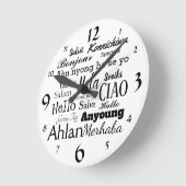 こんにちは違うな言語単語の芸術の柱時計で ラウンド壁時計 (傾斜)