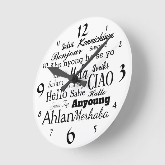 こんにちは違うな言語単語の芸術の柱時計で ラウンド壁時計 (傾斜)