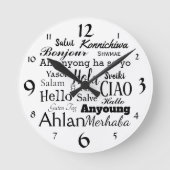 こんにちは違うな言語単語の芸術の柱時計で ラウンド壁時計 (正面)