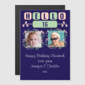 こんにちは16誕生日2フォトブルー磁気カード マグネット招待状 (正面/裏面)