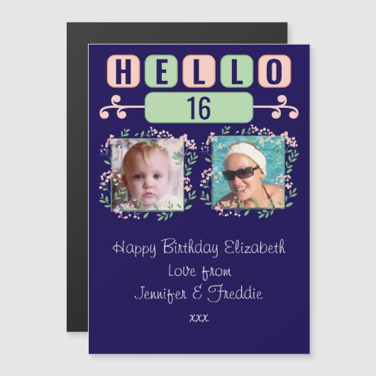 こんにちは16誕生日2フォトブルー磁気カード マグネット招待状 (正面/裏面)