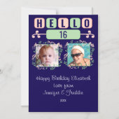 こんにちは16誕生日2フォトブルー磁気カード マグネット招待状 (正面)