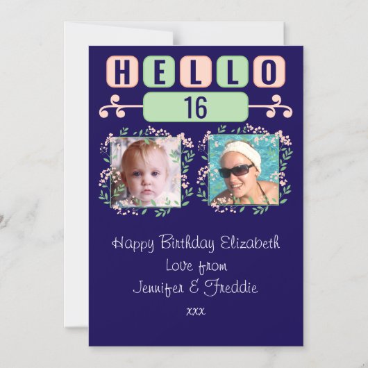 こんにちは16誕生日2フォトブルー磁気カード マグネット招待状 (正面)