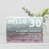 こんにちは30歳の誕生日グラデーションティール（緑がかった色）紫の白 招待状 (スタンド正面)