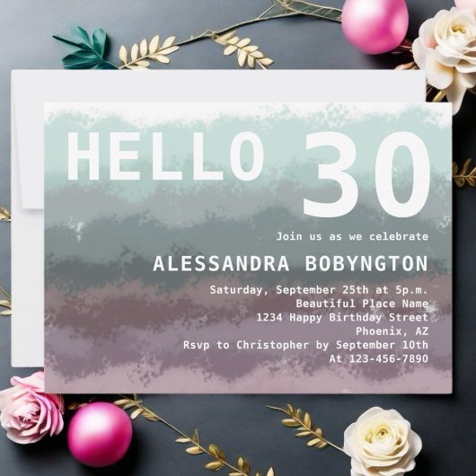 こんにちは30歳の誕生日グラデーションティール（緑がかった色）紫の白 招待状