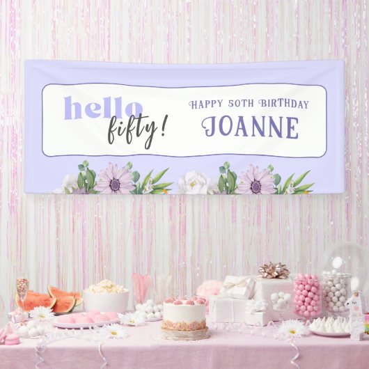 こんにちは50年カスタム年と名前デリケートフローラ 横断幕 (パーティー)