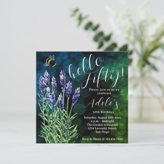こんにちは50歳の誕生日ラベンダーの水色 招待状 (スタンド正面)