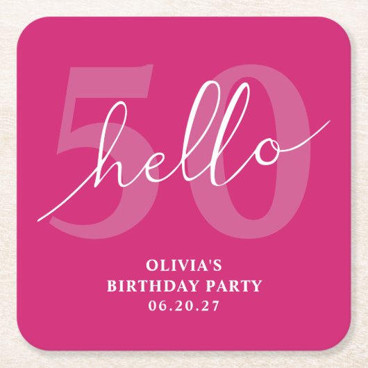 こんにちは50 | ホッはっきりしたトピンク50誕生日カスタム スクエアペーパーコースター (正面)