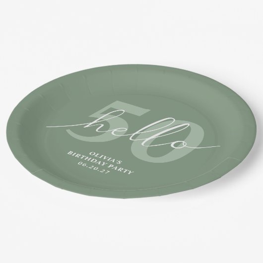 こんにちは50 | モダンシンプルサージグリーン50誕生日 ペーパープレート (アングル)