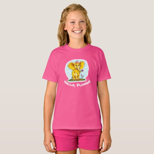 「こんにちは、お花さん！」キュートな黄色い象のTシャツ - Tシャツ (正面フル)