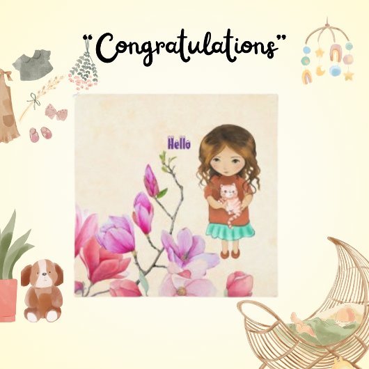 こんにちは、かわいい女の子と猫カード