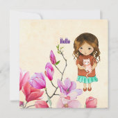こんにちは、かわいい女の子と猫カード (正面)