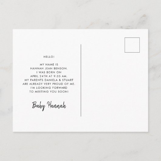 こんにちは – かわいい誕生発表写真 ポストカード (裏面)