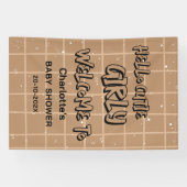 こんにちは!とってもかわいい女の子の茶色のチェック柄ベイビーシャワー 横断幕 (横)