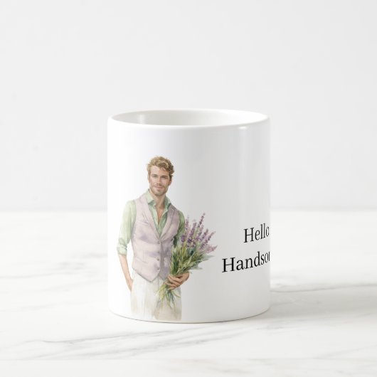 こんにちは イケメンさん ラベンダー 花 コーヒーマグカップ (中央)