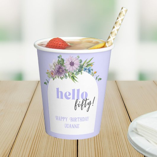 こんにちは(カスタム年) – デリケート花模様50日 紙コップ