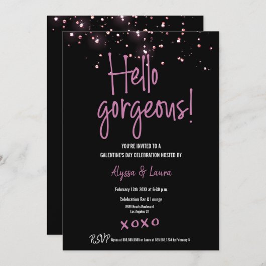 こんにちは、ゴージャスなピンクのグリッター・コンフェッティ・ガレンティンズ！ 招待状 (正面/裏面)