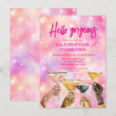 こんにちは ゴージャス ガレンティーンズデー グリッター ピンク 招待状 (正面/裏面)