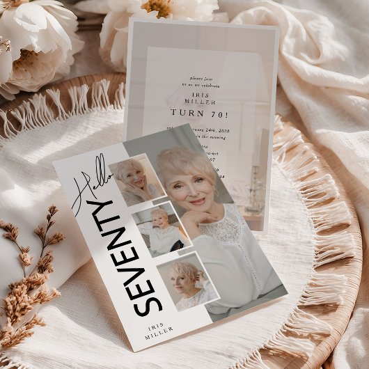 こんにちは セブンティ 現代の写真コラージュ 70歳の誕生日 招待状