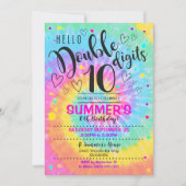 こんにちは ダブルディジットパーティー招待 タイダイ 10歳 招待状 (正面)
