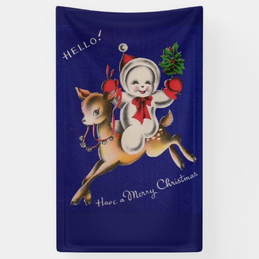 こんにちは！トナカイに乗ったクリスマスの雪だるま 横断幕 (縦)