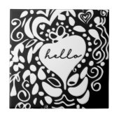 「こんにちは」ブラック&ホワイト、ハート、葉パターン タイル (正面)